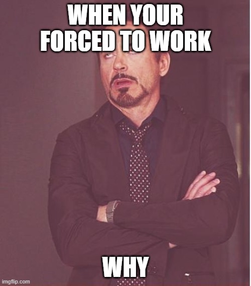 Face You Make Robert Downey Jr Meme | WHEN YOUR FORCED TO WORK; WHY | image tagged in memes,face you make robert downey jr | made w/ Imgflip meme maker