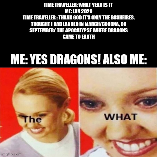 The What | TIME TRAVELLER: WHAT YEAR IS IT 
ME: JAN 2020
TIME TRAVELLER : THANK GOD IT'S ONLY THE BUSHFIRES.
THOUGHT I HAD LANDED IN MARCH/CORONA, OR
SEPTEMBER/ THE APOCALYPSE WHERE DRAGONS
CAME TO EARTH; ME: YES DRAGONS! ALSO ME: | image tagged in the what | made w/ Imgflip meme maker