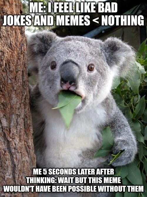 Surprised Koala Meme | ME: I FEEL LIKE BAD JOKES AND MEMES < NOTHING; ME 5 SECONDS LATER AFTER THINKING: WAIT BUT THIS MEME WOULDN'T HAVE BEEN POSSIBLE WITHOUT THEM | image tagged in memes,surprised koala | made w/ Imgflip meme maker