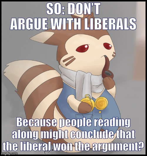 Interesting take sir | SO: DON’T ARGUE WITH LIBERALS; Because people reading along might conclude that the liberal won the argument? | image tagged in fancy furret,politics,politics lol,conservative logic,imgflip humor,hahaha | made w/ Imgflip meme maker