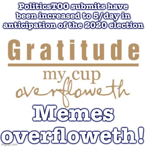 Ready to win this election? Let’s get to work. | PoliticsTOO submits have been increased to 5/day in anticipation of the 2020 election; Memes overfloweth! | image tagged in gratitude my cup overfloweth,politics,2020 elections,imgflip news,meme stream,political memes | made w/ Imgflip meme maker