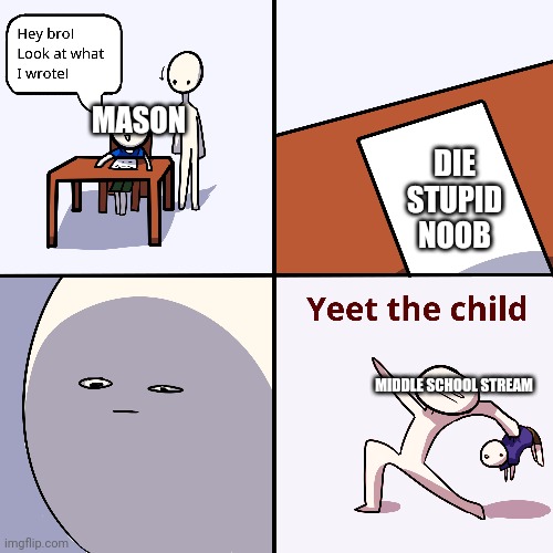 Yeet the child | MASON; DIE STUPID NOOB; MIDDLE SCHOOL STREAM | image tagged in yeet the child,middle school,wut | made w/ Imgflip meme maker