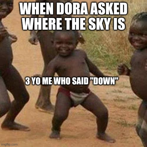 Third World Success Kid Meme | WHEN DORA ASKED WHERE THE SKY IS; 3 YO ME WHO SAID "DOWN" | image tagged in memes,third world success kid | made w/ Imgflip meme maker