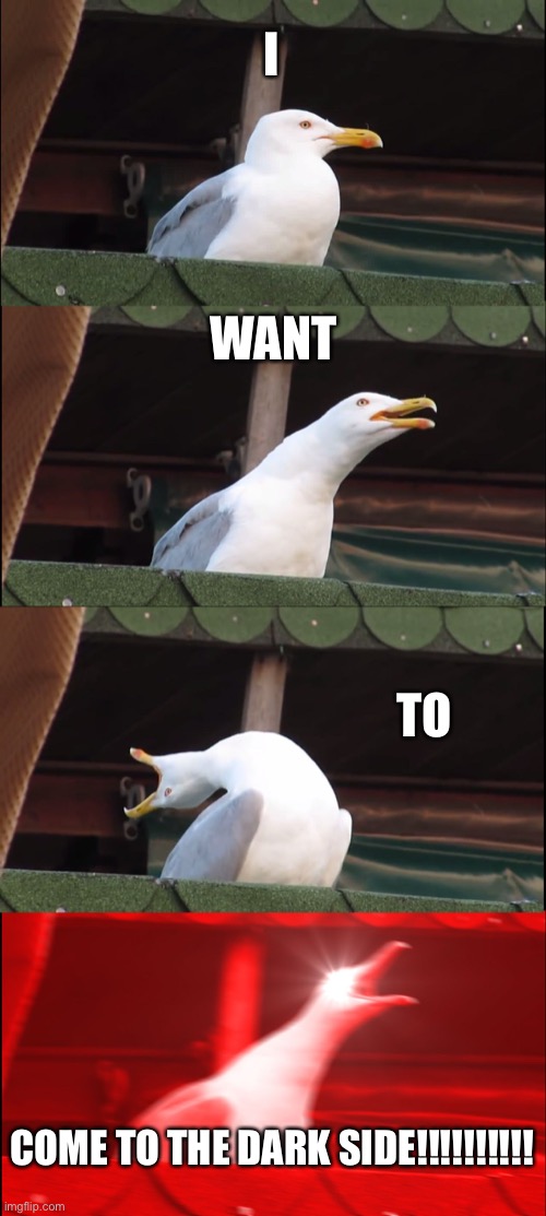 Inhaling Seagull | I; WANT; TO; COME TO THE DARK SIDE!!!!!!!!!! | image tagged in memes,inhaling seagull | made w/ Imgflip meme maker