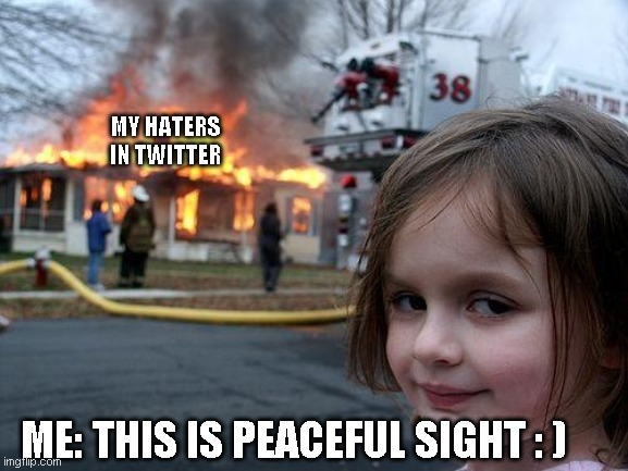 i hate haters | MY HATERS IN TWITTER; ME: THIS IS PEACEFUL SIGHT : ) | image tagged in memes,disaster girl | made w/ Imgflip meme maker