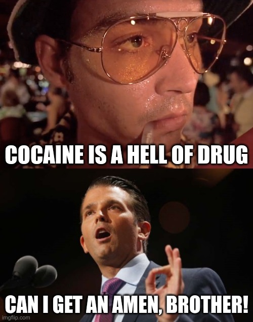 Cocaine and Politics | COCAINE IS A HELL OF DRUG; CAN I GET AN AMEN, BROTHER! | image tagged in donald trump jr,fear and loathing in las vegas,rnc convention | made w/ Imgflip meme maker