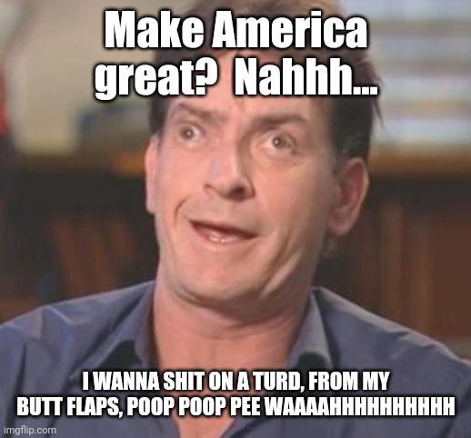 Charlie Sheen DERP | Make America great?  Nahhh... I WANNA SHIT ON A TURD, FROM MY BUTT FLAPS, POOP POOP PEE WAAAAHHHHHHHHHH | image tagged in charlie sheen derp | made w/ Imgflip meme maker