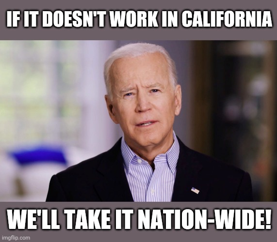 Joe Biden 2020 | IF IT DOESN'T WORK IN CALIFORNIA WE'LL TAKE IT NATION-WIDE! | image tagged in joe biden 2020 | made w/ Imgflip meme maker