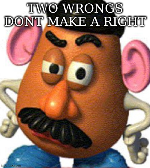 Mr Eggplant Head | TWO WRONGS DONT MAKE A RIGHT | image tagged in mr eggplant head | made w/ Imgflip meme maker