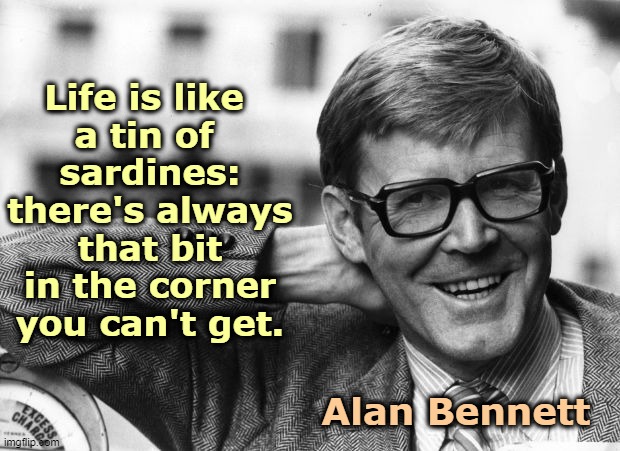 Life is like 
a tin of 
sardines: there's always that bit in the corner you can't get. Alan Bennett | image tagged in life,frustration | made w/ Imgflip meme maker