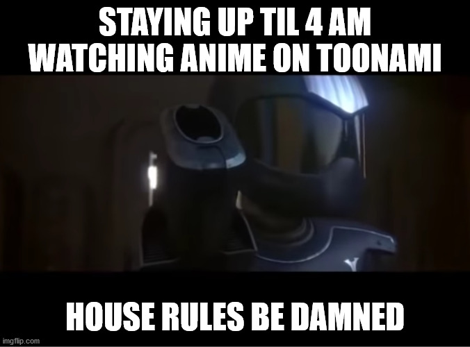 You came into the wrong house | STAYING UP TIL 4 AM WATCHING ANIME ON TOONAMI HOUSE RULES BE DAMNED | image tagged in you came into the wrong house | made w/ Imgflip meme maker