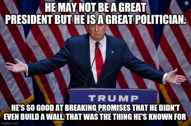 Donald Trump | HE MAY NOT BE A GREAT PRESIDENT BUT HE IS A GREAT POLITICIAN. HE'S SO GOOD AT BREAKING PROMISES THAT HE DIDN'T EVEN BUILD A WALL. THAT WAS THE THING HE'S KNOWN FOR | image tagged in donald trump | made w/ Imgflip meme maker