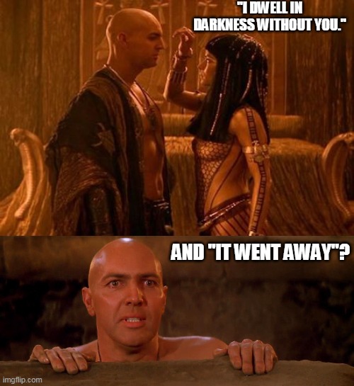  "I DWELL IN DARKNESS WITHOUT YOU."; AND "IT WENT AWAY"? | image tagged in imhotep and anck-su-namun | made w/ Imgflip meme maker