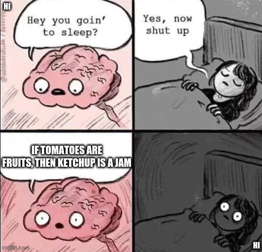 waking up brain | HI; IF TOMATOES ARE FRUITS, THEN KETCHUP IS A JAM; HI | image tagged in waking up brain | made w/ Imgflip meme maker