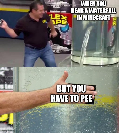 waterflex | WHEN YOU HEAR A WATERFALL IN MINECRAFT; BUT YOU HAVE TO PEE | image tagged in flex tape | made w/ Imgflip meme maker