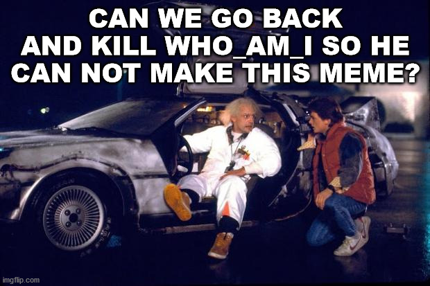 Back to the future | CAN WE GO BACK AND KILL WHO_AM_I SO HE CAN NOT MAKE THIS MEME? | image tagged in back to the future | made w/ Imgflip meme maker