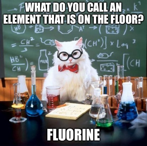 Chemistry Cat Meme | WHAT DO YOU CALL AN ELEMENT THAT IS ON THE FLOOR? FLUORINE | image tagged in memes,chemistry cat,chemistry,funny | made w/ Imgflip meme maker