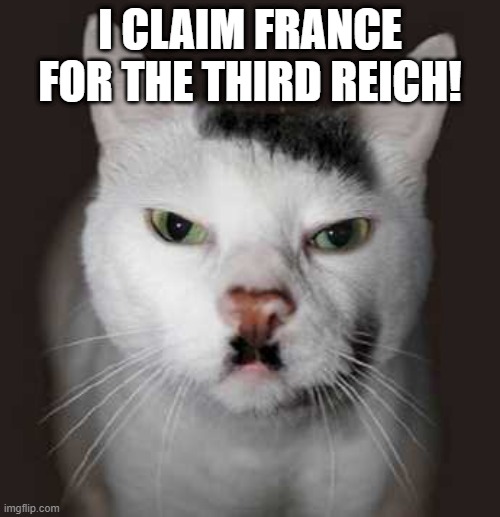 Nazi Cat | I CLAIM FRANCE FOR THE THIRD REICH! | image tagged in nazi cat,ww2,nazis,nazi,cat memes,cats | made w/ Imgflip meme maker