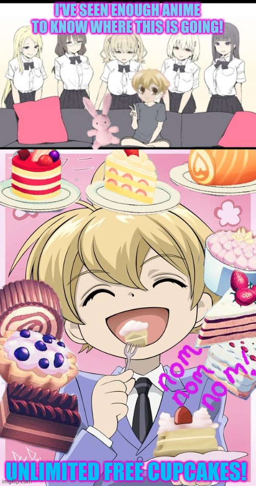 mitsukuni haninozuka | I'VE SEEN ENOUGH ANIME TO KNOW WHERE THIS IS GOING! UNLIMITED FREE CUPCAKES! | image tagged in anime boy,anime girl,anime meme,cupcakes | made w/ Imgflip meme maker