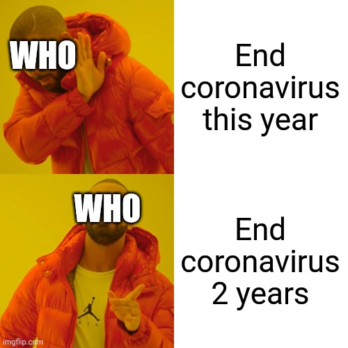 GOSHDARN YOU WHO!!! | End coronavirus this year; WHO; WHO; End coronavirus 2 years | image tagged in memes,drake hotline bling,who,coronavirus,covid-19,covidiots | made w/ Imgflip meme maker