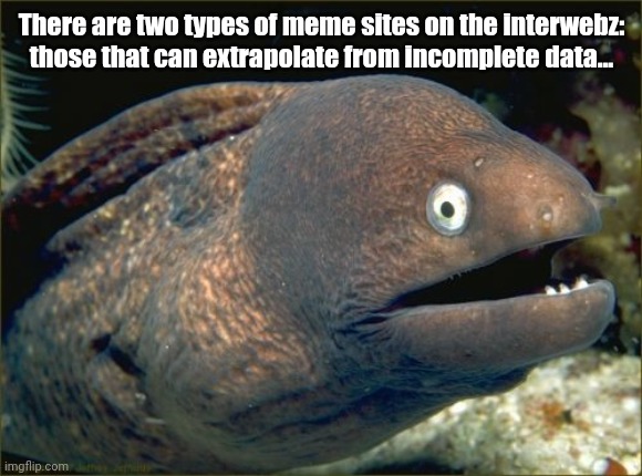 Bad Joke Eel Meme | There are two types of meme sites on the interwebz:
those that can extrapolate from incomplete data... | image tagged in memes,bad joke eel | made w/ Imgflip meme maker