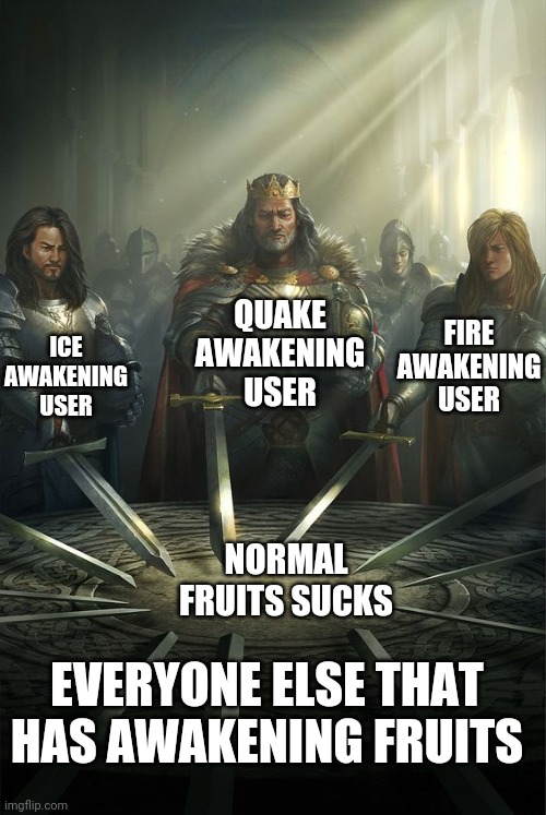 Blox fruits meme | QUAKE AWAKENING USER; FIRE AWAKENING USER; ICE AWAKENING USER; NORMAL FRUITS SUCKS; EVERYONE ELSE THAT HAS AWAKENING FRUITS | image tagged in roblox | made w/ Imgflip meme maker