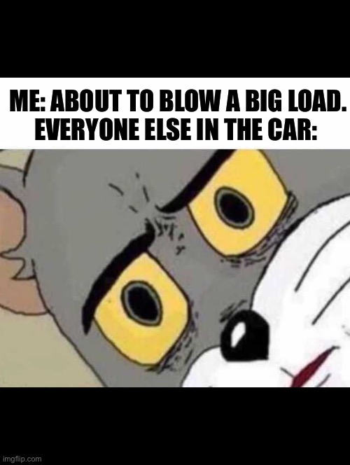 Car load | ME: ABOUT TO BLOW A BIG LOAD.
EVERYONE ELSE IN THE CAR: | image tagged in tom cat unsettled close up | made w/ Imgflip meme maker