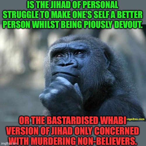 Deep Thoughts | IS THE JIHAD OF PERSONAL STRUGGLE TO MAKE ONE’S SELF A BETTER PERSON WHILST BEING PIOUSLY DEVOUT. OR THE BASTARDISED WHABI VERSION OF JIHAD  | image tagged in deep thoughts | made w/ Imgflip meme maker