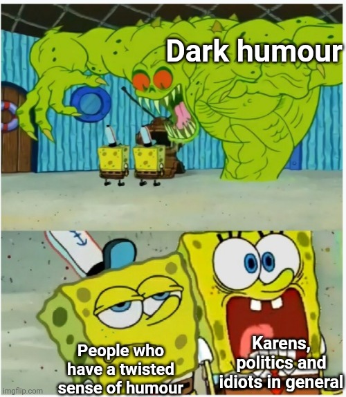 Dark humour is like money. Not everyone gets it | Dark humour; People who have a twisted sense of humour; Karens, politics and idiots in general | image tagged in spongebob squarepants scared but also not scared | made w/ Imgflip meme maker