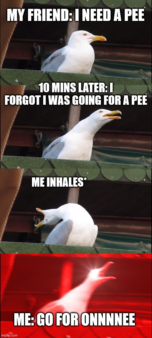 this happens everytime we play a game | MY FRIEND: I NEED A PEE; 10 MINS LATER: I FORGOT I WAS GOING FOR A PEE; ME INHALES*; ME: GO FOR ONNNNEE | image tagged in memes,inhaling seagull | made w/ Imgflip meme maker