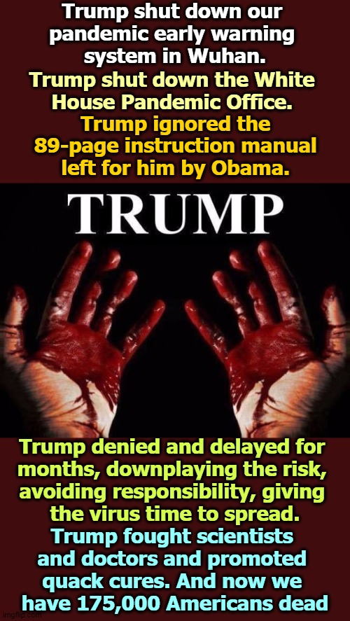 Trump Owns These Deaths | Trump shut down our 
pandemic early warning 
system in Wuhan. Trump shut down the White 
House Pandemic Office. Trump ignored the 
89-page instruction manual 
left for him by Obama. Trump denied and delayed for 
months, downplaying the risk, 
avoiding responsibility, giving 
the virus time to spread. Trump fought scientists 
and doctors and promoted 
quack cures. And now we 
have 175,000 Americans dead | image tagged in trump enabler of covid-19 bloody hands,trump,murderer,covid-19,coronavirus,incompetence | made w/ Imgflip meme maker