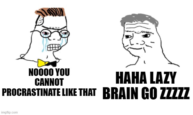 ZZzzz | HAHA LAZY BRAIN GO ZZZZZ; NOOOO YOU CANNOT PROCRASTINATE LIKE THAT | image tagged in noooo you can't just | made w/ Imgflip meme maker