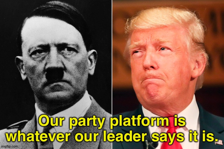 The closest comparison yet? | Our party platform is whatever our leader says it is. | image tagged in twin hitlers | made w/ Imgflip meme maker