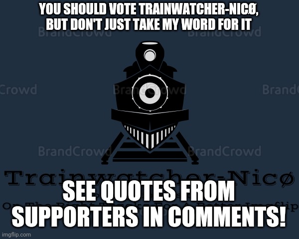 Trainwatcher-Nicø | YOU SHOULD VOTE TRAINWATCHER-NICØ, BUT DON'T JUST TAKE MY WORD FOR IT; SEE QUOTES FROM SUPPORTERS IN COMMENTS! | image tagged in trainwatcher-nic | made w/ Imgflip meme maker
