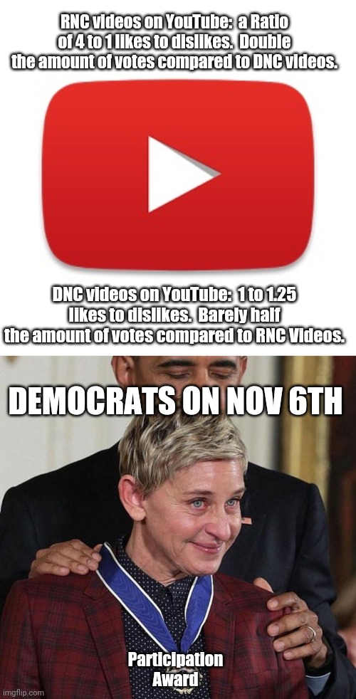 YouTube must be racist... | RNC videos on YouTube:  a Ratio of 4 to 1 likes to dislikes.  Double the amount of votes compared to DNC videos. DNC videos on YouTube:  1 to 1.25 likes to dislikes.  Barely half the amount of votes compared to RNC Videos. DEMOCRATS ON NOV 6TH; Participation Award | image tagged in youtube,ellen crying face | made w/ Imgflip meme maker