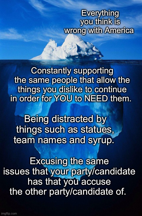 Truthberg | Everything you think is wrong with America; Constantly supporting the same people that allow the things you dislike to continue in order for YOU to NEED them. Being distracted by things such as statues, team names and syrup. Excusing the same issues that your party/candidate has that you accuse the other party/candidate of. | image tagged in iceberg | made w/ Imgflip meme maker