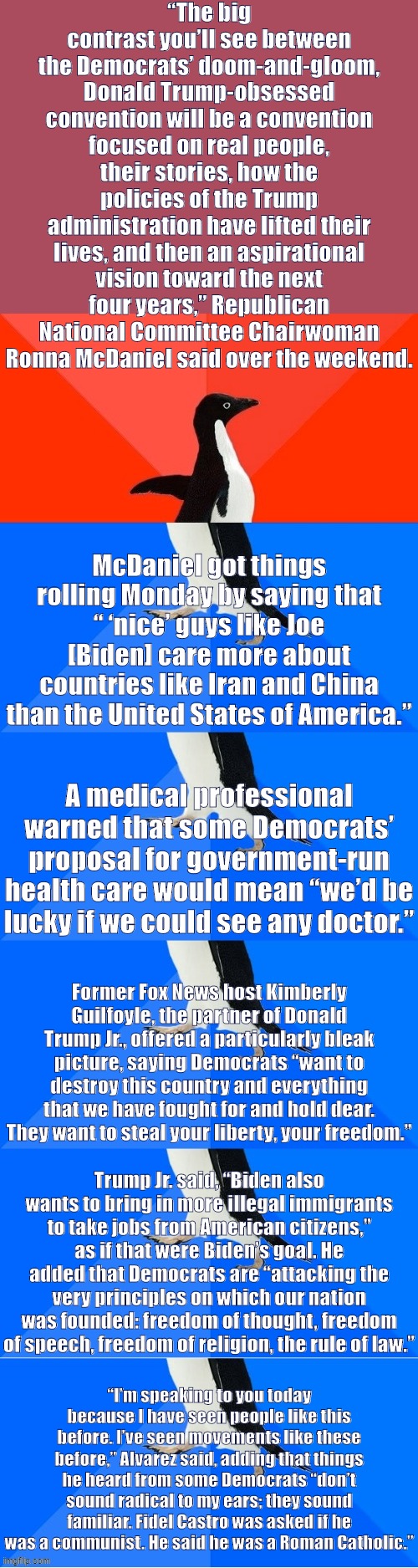 The GOP's optimistic, aspirational 2020 National Convention commences! | “The big contrast you’ll see between the Democrats’ doom-and-gloom, Donald Trump-obsessed convention will be a convention focused on real people, their stories, how the policies of the Trump administration have lifted their lives, and then an aspirational vision toward the next four years,” Republican National Committee Chairwoman Ronna McDaniel said over the weekend. McDaniel got things rolling Monday by saying that “ ‘nice’ guys like Joe [Biden] care more about countries like Iran and China than the United States of America.”; A medical professional warned that some Democrats’ proposal for government-run health care would mean “we’d be lucky if we could see any doctor.”; Former Fox News host Kimberly Guilfoyle, the partner of Donald Trump Jr., offered a particularly bleak picture, saying Democrats “want to destroy this country and everything that we have fought for and hold dear. They want to steal your liberty, your freedom.”; Trump Jr. said, “Biden also wants to bring in more illegal immigrants to take jobs from American citizens,” as if that were Biden’s goal. He added that Democrats are “attacking the very principles on which our nation was founded: freedom of thought, freedom of speech, freedom of religion, the rule of law.”; “I’m speaking to you today because I have seen people like this before. I’ve seen movements like these before,” Alvarez said, adding that things he heard from some Democrats “don’t sound radical to my ears; they sound familiar. Fidel Castro was asked if he was a communist. He said he was a Roman Catholic.” | image tagged in socially awesome 5x socially awkward penguin,gop,conservative hypocrisy,doom,republican national convention,2020 elections | made w/ Imgflip meme maker