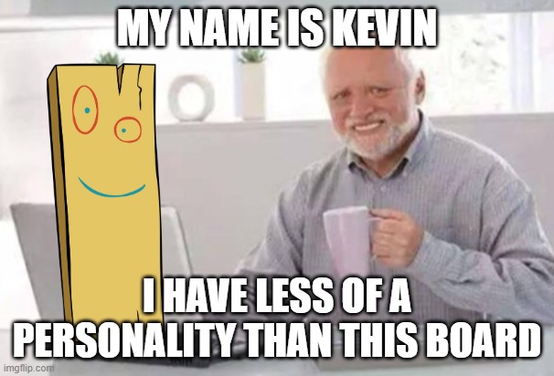 Kevin has personality | MY NAME IS KEVIN; I HAVE LESS OF A PERSONALITY THAN THIS BOARD | image tagged in harold,kevin,board,wood | made w/ Imgflip meme maker
