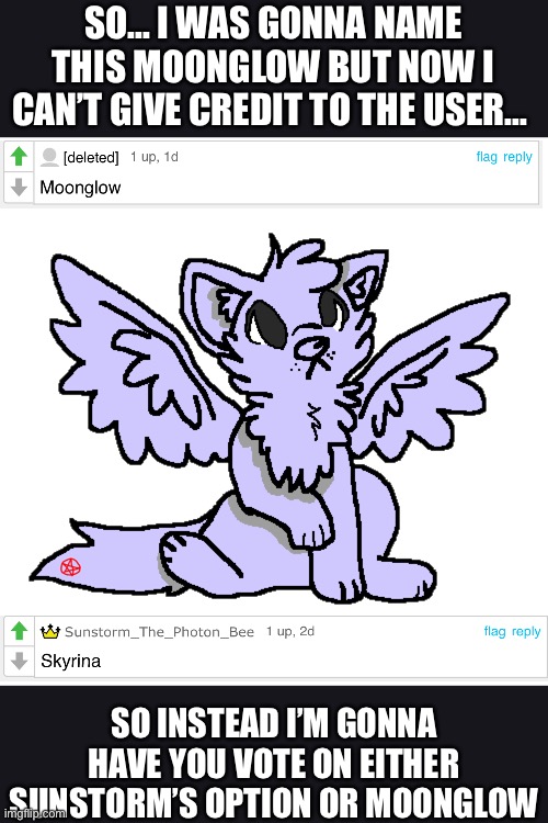 Giving the deleted user a chance | SO... I WAS GONNA NAME THIS MOONGLOW BUT NOW I CAN’T GIVE CREDIT TO THE USER... SO INSTEAD I’M GONNA HAVE YOU VOTE ON EITHER SUNSTORM’S OPTION OR MOONGLOW | made w/ Imgflip meme maker