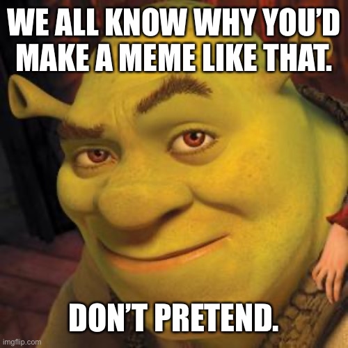 Shrek Sexy Face | WE ALL KNOW WHY YOU’D MAKE A MEME LIKE THAT. DON’T PRETEND. | image tagged in shrek sexy face | made w/ Imgflip meme maker