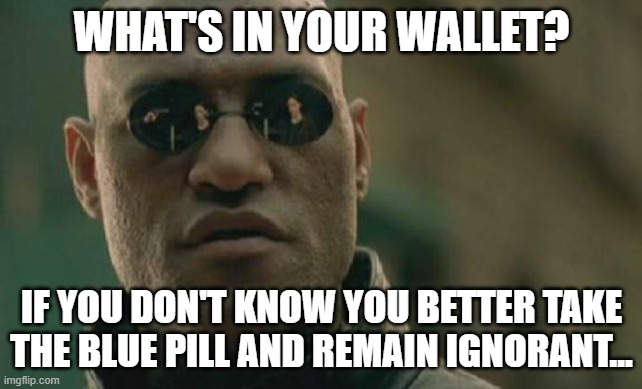 Matrix and Blue Pill | WHAT'S IN YOUR WALLET? IF YOU DON'T KNOW YOU BETTER TAKE THE BLUE PILL AND REMAIN IGNORANT... | image tagged in memes,matrix morpheus,painful truth,samuel l jackson,pill of ignorance | made w/ Imgflip meme maker