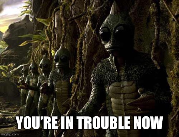 Lizard people | YOU’RE IN TROUBLE NOW | image tagged in lizard people | made w/ Imgflip meme maker