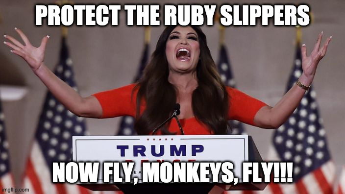 Protect the ruby slippers! | PROTECT THE RUBY SLIPPERS; NOW FLY, MONKEYS, FLY!!! | image tagged in kimberly guilfoyle,ruby slippers,surrender dorothy,flying monkeys | made w/ Imgflip meme maker