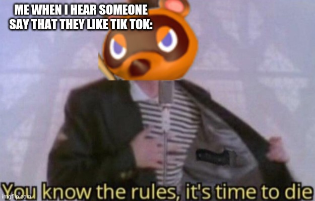 Tom Nook you know the rules it's time to die | ME WHEN I HEAR SOMEONE SAY THAT THEY LIKE TIK TOK: | image tagged in tom nook you know the rules it's time to die | made w/ Imgflip meme maker