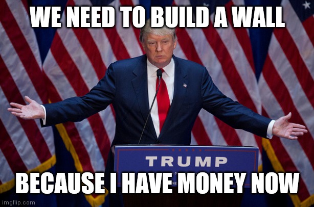 Donald Trump | WE NEED TO BUILD A WALL; BECAUSE I HAVE MONEY NOW | image tagged in donald trump | made w/ Imgflip meme maker