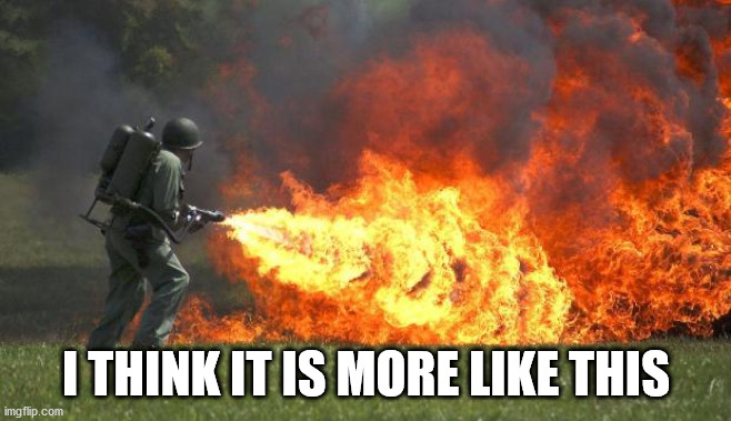 flamethrower | I THINK IT IS MORE LIKE THIS | image tagged in flamethrower | made w/ Imgflip meme maker