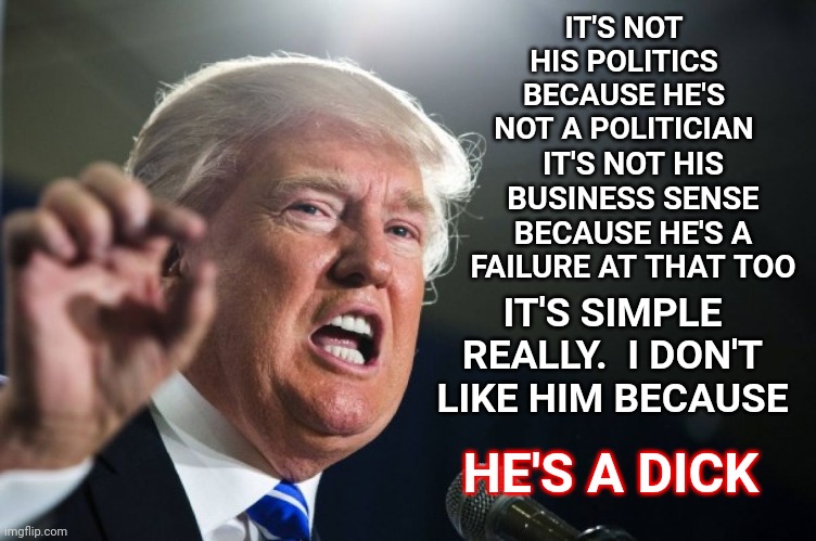 The Greatest Thing About America Is They Haven't Taken Away Our Right To Criticize |  IT'S NOT HIS POLITICS BECAUSE HE'S NOT A POLITICIAN; IT'S NOT HIS BUSINESS SENSE BECAUSE HE'S A FAILURE AT THAT TOO; IT'S SIMPLE REALLY.  I DON'T LIKE HIM BECAUSE; HE'S A DICK | image tagged in donald trump,memes,trump unfit unqualified dangerous,liar in chief,dick,dickhead | made w/ Imgflip meme maker