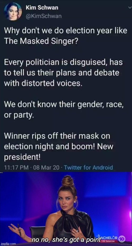 Dannii thinks an anonymous ImgFlip election would be fun. Maybe through the (benign!) use of alt accounts? | image tagged in dannii no no she's got a point,elections,television,presidents,anonymous,alt accounts | made w/ Imgflip meme maker