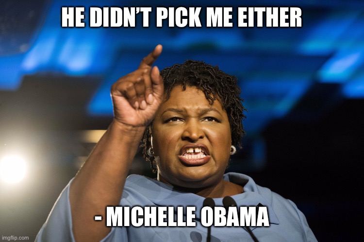 Stacey Abrams | HE DIDN’T PICK ME EITHER - MICHELLE OBAMA | image tagged in stacey abrams | made w/ Imgflip meme maker
