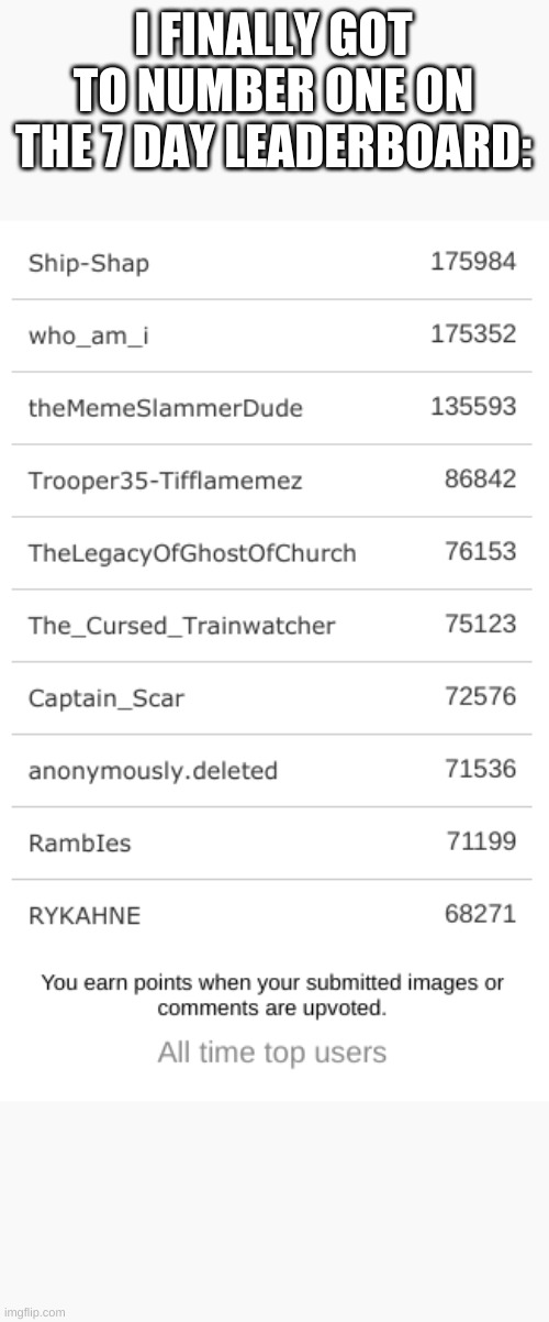 Ship-Shap | I FINALLY GOT TO NUMBER ONE ON THE 7 DAY LEADERBOARD: | image tagged in ship-shap | made w/ Imgflip meme maker